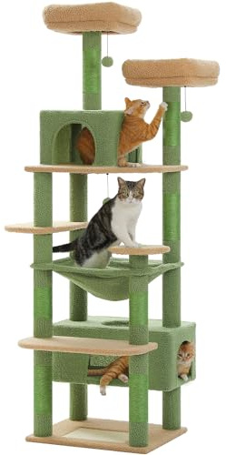 PAWZ Road Kratzbaum für große Katzen, 184 cm, 1,9 m großer Katzenturm mit Sisalüberzogenen Kratzbäumen und Pads, 2 gepolsterte Sitzstangen, Doppelhäuschen und Korb für Indoor-Katzen, Grün, 182,4 Zoll