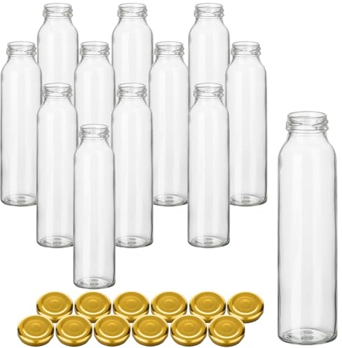 gouveo 12er Set Glasflasche 300 ml (0,3 l) Smoothie Twist-Off Schraubdeckel goldfarben, runde Weithals-Klarglasflaschen zum Abfüllen von Saft, Sirup, Öl, Essig (SF300G)