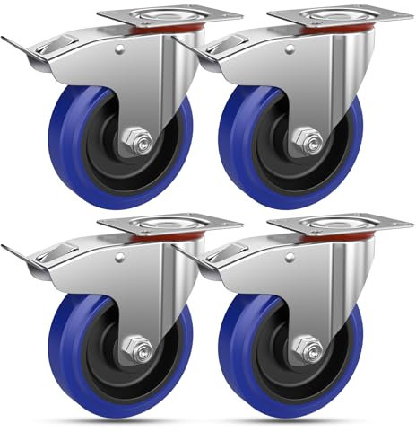 Forever Speed 4 Roulettes Pivotantes 100mm pour Meubles avec Freins - Transport Charges Lourdes en Caoutchouc Jusqu'à 200 kg - Bleu