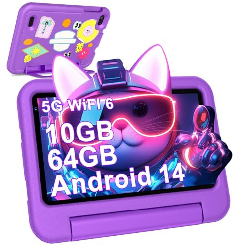 2025 Tablet Niños 7 Pulgadas Android 14, 10GB RAM + 64GB ROM (TF 1TB), WiFi 6, Bluetooth 5.0, 8-Core, 3500mAh, Control Parental, Doble Cámara, Certificado GMS, Tablet Niños con Funda EVA - Morado