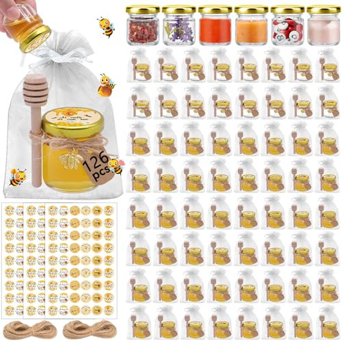Aliggbent Lot de 126 petits pots à miel ronds en verre pour cadeaux de fête, 42,5 g avec soupes, couvercles, autocollants, breloques, sacs cadeaux et jute pour fête prénatale, cadeaux de mariage