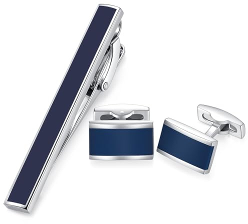 HONEY BEAR Rectangle Cufflinks Tie Clip Set Mens Business Wedding Gift with Box, Navy Blue