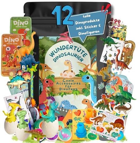 Dino Wundertüte Surprise Bag mit 12 tollen Dinosaurier Produkten Spielzeug Schultüte gefüllt mit Dino Überraschungen, Wundertüte Kinder, Schultüte Füllung Jungen Mädchen, Überraschungstüte, Dino Ei