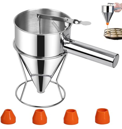 Pfannkuchen Teigspender, 600ml Pfannkuchen Teigspender Teigportionierer Edelstahl, Backtrichter Kolbentrichter Fondanttrichter Edelstahl mit Rack und 4 Verschiedenen Düsen für Pfannkuchen(Silbrig)