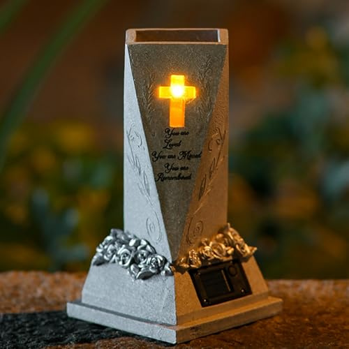 Solar Lights Grave Flower Pots,9in Memorial Vases for Graves,Garden Decorations for Cemetery,Prayer Angel Vase with Solar Lamp,Memorial Ornament Weatherproof Flowers Holder