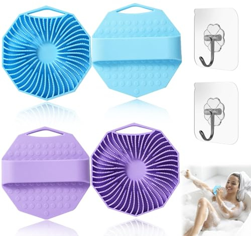 2Pcs Silicone Shower Scrubber, Silicone Body Scrubber - Body Back Scrubber Set, Antimicrobial Exfoliating Handheld Brushes with Skin Cleansing Massager, Lathers Well & Gentle for All Skin Type