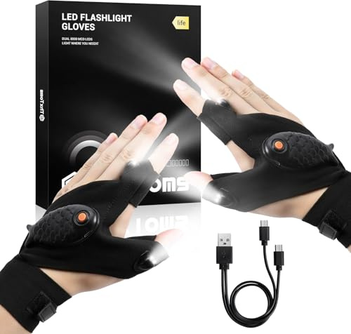 ThxToms Cadeaux pour homme, gants LED avec lumières pour lui, cadeaux d'anniversaire pour homme, papa, petit ami, mari, gadget cool étanche pour le camping, la pêche, la réparation