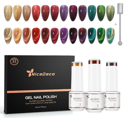Nicedeco Set med 12 halvpermanent magnetiskt nagellack, holografisk glitter kattöga UV-nagellack 5 ml med pinne - kit 11
