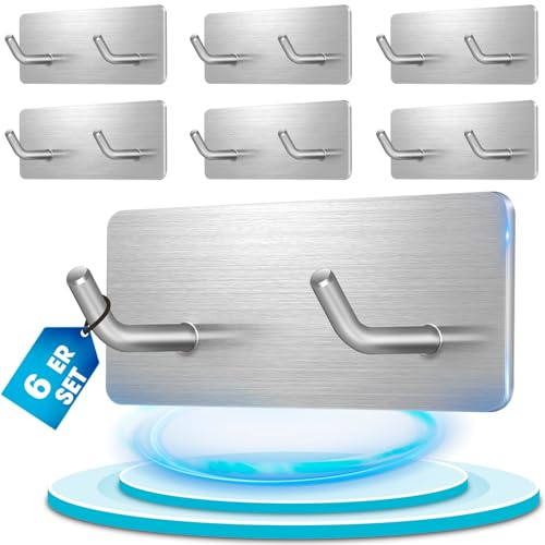 Pamofuper Ganci Adesivi in Acciaio Inossidabile 304, 6 Pezzi Doppio Gancio, Appendini Adesivi, Non Richiede Foratura, Gancio Adesivo per uso Domestico, Bagno e Cucina