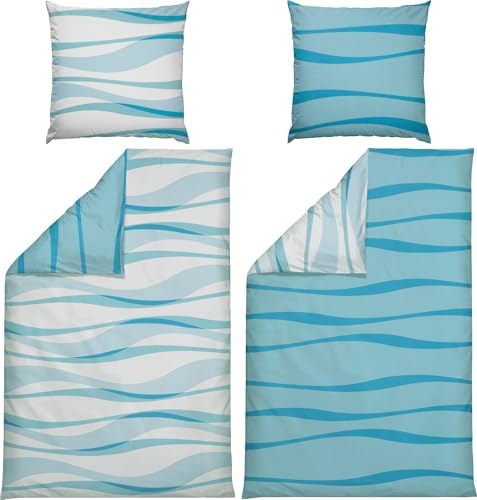 Erwin Müller Seersucker Wendebettwäsche Sparpaket 4-TLG. blau Größe 80x80 cm / 135x200 cm - für warme Sommernächte, temperatur- und feuchtigkeitsausgleichend, bügelfrei, mit Reißverschluss