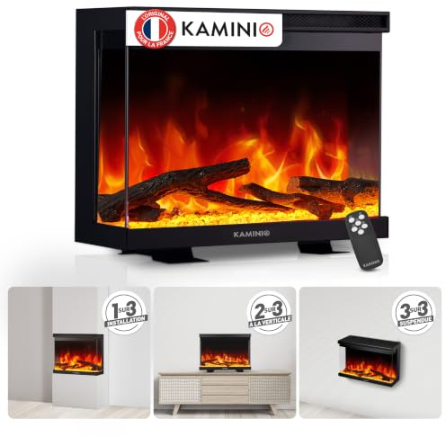 KAMINIO® Lea PRO 30 Elektrokamin mit Heizung [Stand, Einbau & Wand] | 3-in-1, elektrischer Kamin mit Panoramaview, LED-Kaminfeuer in 12 Farben, Timer, Thermostat, Fernbedienung, Zubehör, schwarz
