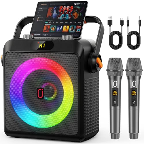 Karaoke Machine with 2 Wireless Microphones, Bluetooth 5.3 Speaker for Adults, Powerful 6.5 Subwoofer PA System, Supports Live/AUX/USB/TF Card/Guitar, Portable Singing Machine for Garden BBQs