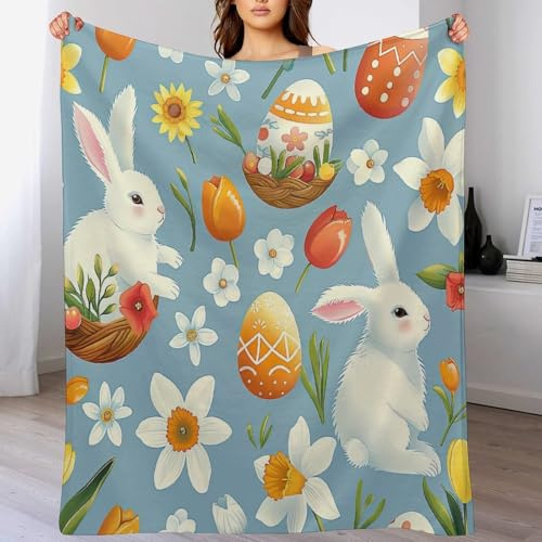 ArogGeld Watercolor Bunny Colorful Floral Warm Flannel Blankets Rabbit Easter Eggs Wildflowers Blue Flannel Fleece Blankets Cosy Soft Warm Sofa Throw 60x80in Birthday