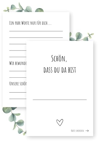 GLEDESTUND Tischkarten Hochzeit mit persönlichen Worten an die Gäste | 50 Karten | Platzkarten zum personalisieren | Schön, dass du da bist Karten | Gastgeschenk Hochzeit | 5 Rückseiten | DIN A7