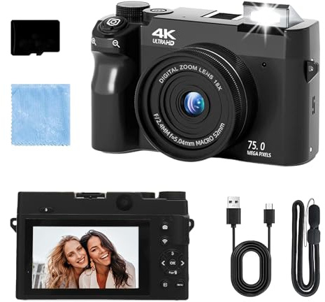 Digital Camera, 4k 75mp Digital Camera, 3.0 Screen Ultra Hd Sensor & Smart Focus, 18x Digital Zoom Compact Camera, Adjustable Smart Flash For Beginners (Black+64GB)