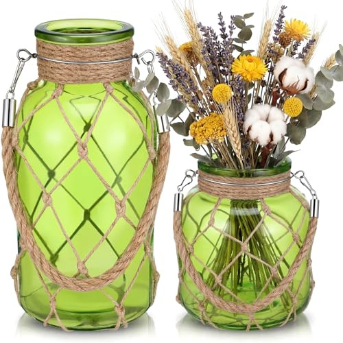 Acellegic Set of 2 Olive Green Glass Vase Rope Net Dry Flower Glass Vase Rattan Hanging Mason Jar Wicker Boho Farmhouse Coastal Decor for Arrangement Wedding Party Table Decorations