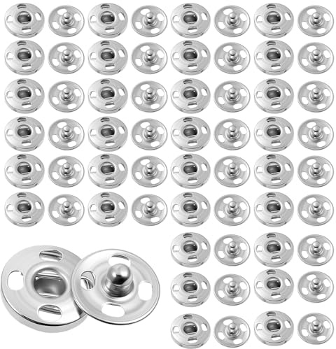TIESOME 100 Pcs Metal Snap Buttons, 8.5mm (0.33 Inch) Sew On Snap Fasteners for Jeans, Coats & Sewing DIY, Durable Copper Metal Snaps for Fabric (Silver)