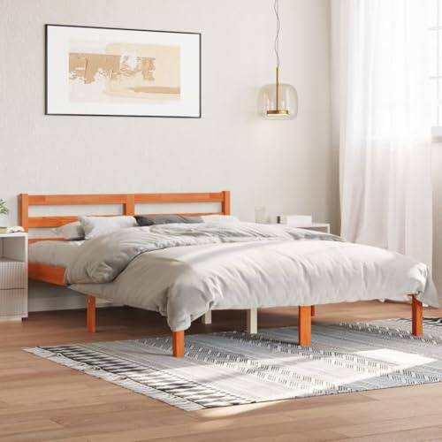 kithwjll Massivholzbett ohne Matratze, Wachsbraun, 135x190 cm Kiefernholz, Robustes Bettgestell mit Kopfteil, Doppelbett für Schlafzimmer