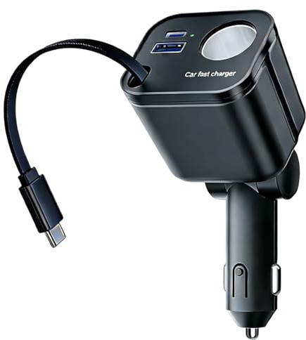 4 IN 1 Retractable Car Charger 60% Smaller 145W USB-C/A Port 12V/24V Cigarette Lighter Adapter Socket Splitter with Retractable Cable 45W PD Fast Charging Car Phone Charger for iPhone 16 17 Pro Max