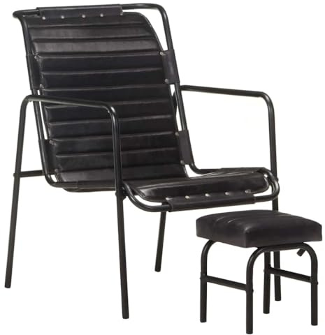 Mhdvray Relaxsessel mit Fußhocker Schwarz Echtleder 54 x 71 x 80 cm Modernes Vintage Design Robustes Eisen Leder Sessel Bequem für Wohnzimmer Schlafzimmer Balkon und Büro
