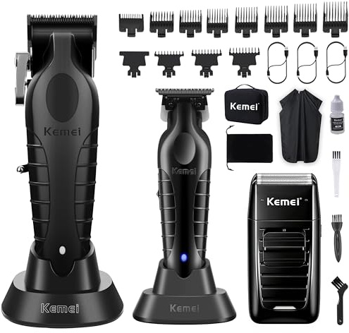 KEMEI Maquina de Cortar Pelo Hombre Profesional, Cortapelos y Recortadora de Barba Inalámbrica, con Base de Carga, Afeitadora Eléctrica de Láminas, Kit de Barbería Multifunción con Estuche