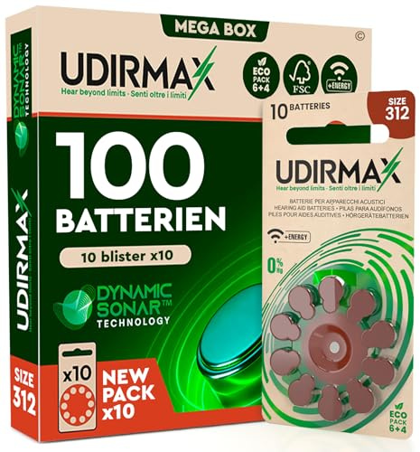 100 Batterie per Apparecchi Acustici Misura 312 (Marroni) PR41 Udirmax Pile Zinco-Aria 0% Mercurio 1,45V Eco Pack - 10 Blister Ecologici da 10 Pile