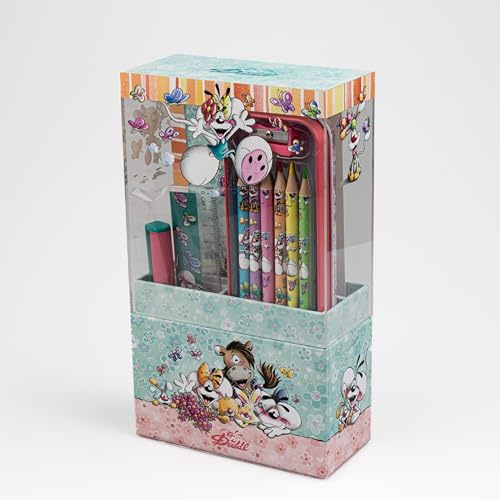 Diddl Set Écriture A6, Cahier, Stylo, Règle, Gomme, Plumier avec 6 Crayons de Couleur, Taille-Crayon et Organisateur de Bureau, Set Papeterie - Idée Cadeau Enfant et Fan Nostalgique Années 90