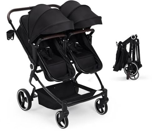 Garvee Leichter Zwillingskinderwagen Side by Side – Kompakt, faltbar, mit Liegefunktion und großem Sonnendach – 5-Punkt-Gurt, Fußbremse, für zwei Kinder unterschiedlichen Alters, ab Geburt bis 3 Jahre