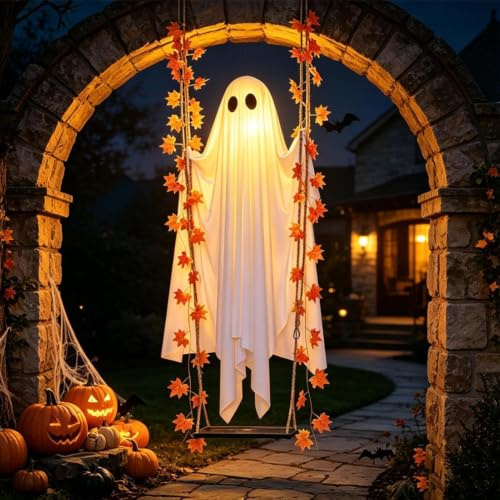 Fantasma di Halloween da Appendere su Altalena Decorazioni Esterno e Intern | Fantasma Luminoso Grande 120cm con luco LED 8 Modalità e Telecomando per Giardino Portico Albero Festa