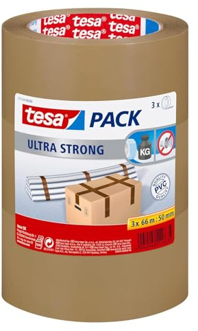 tesa tesapack Ultra Strong - PVC-Klebeänder für festes Verpacken und sicheres Bündeln - Braun - 66 m x 50 mm, 3er-Pack