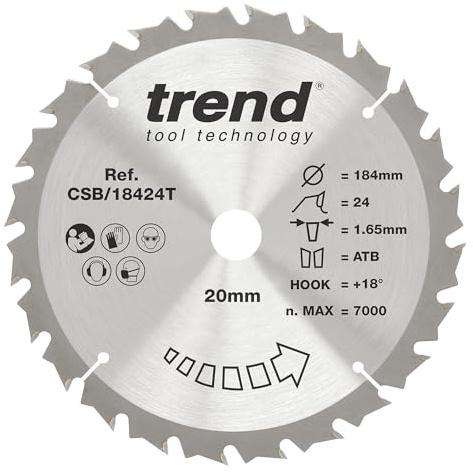 Trend Wood Cordless Circular Saw Blade, 184mm Diameter, 20mm Bore, 24 Teeth, 1.65mm Kerf, +18° Hook, TCT, Medium Finish, CSB/18424T
