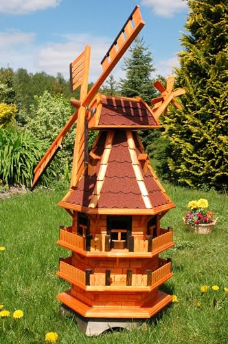 Windmühle 3 stöckig kugelgelagert 1,40m Bitum grün mit Beleuchtung Solar, Solarbeleuchtung, mit extra Windrad hinten am Kopf, imprägniert, Kugellager einstellbar