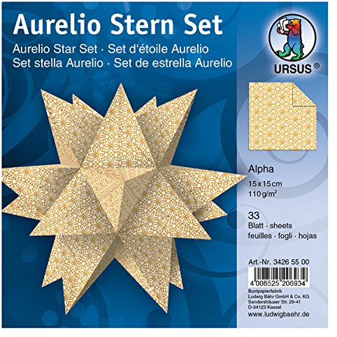 Ursus 34265500 - Faltblätter Aurelio Stern Alpha, weiß / gold, 33 Blatt, aus Shimmer Papier 110 g/qm, ca. 15 x 15 cm, Vorderseite mit Veredelung, ideal als Weihnachtsdeko
