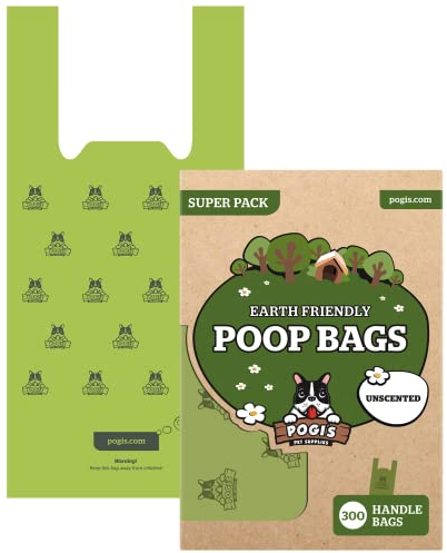 Pogi Hundekotbeutel mit Griffen, unparfümiert, groß, auslaufsicher und reißfest – 300 Stück