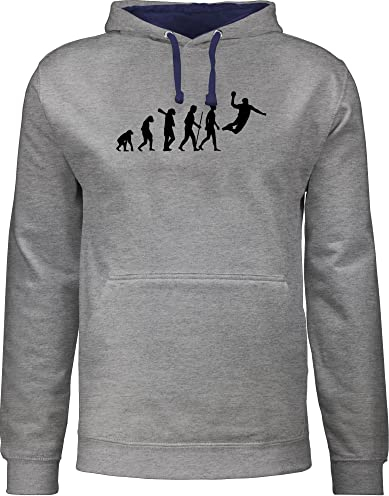 Pullover Frauen Hoodie Kontrast zweifarbig - Entwicklung und Outfit - Handball Evolution Herren - L - Grau meliert/Navy Blau - geschenke für handballer hanball pulli halbball fun-kapuzenpullover