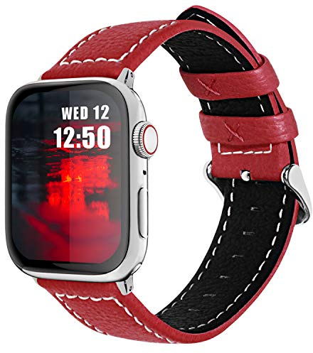Fullmosa Lederarmband kompatibel mit Apple Watch Ultra2/Ultra 49mm Series 9 8 7 45mm Series 6 SE 5 4 44mm Series 3 2 1 42mm, Ersatzarmband für iwatch Damen Herren, Rot