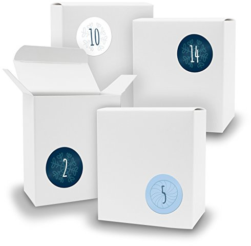 DIY itenga Adventskalender Set V07 zum Selberbefüllen 24x Schachtel in Quader-Form WEISS + ZahlenSticker (Motiv Z12 Blautöne Schlicht)