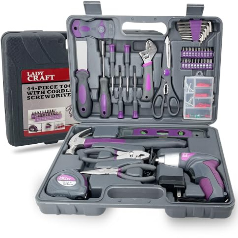 Werktough 44PCS 4V Cordless Screwdriver Tool Kit Set Pink Color Tools Lady Tools Kit Home Repair Set Toolbox Hand Tool Kit Storage Case Gift Set LADYCRAFT