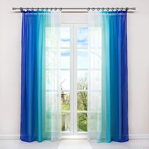 HongYa 2er-Pack Farbverlauf Gardinen Transparenter Voile Vorhänge Schals mit Kräuselband H/B 245/140 cm Blau