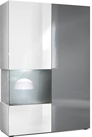 Vladon Vitrine Kommode Hochschrank Morena, Made in Germany, Korpus in Weiß matt/Rechte Tür und der Einsatz in Grau Hochglanz, inkl. LED Beleuchtung