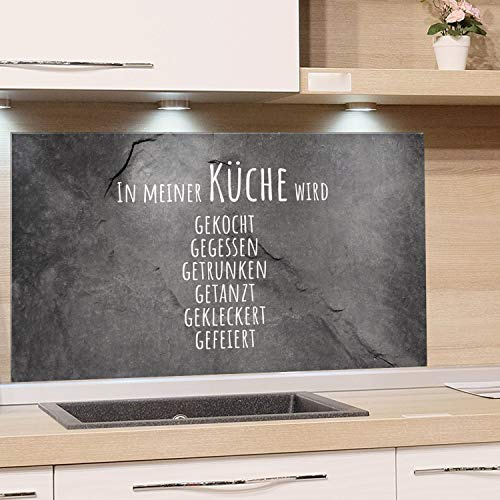 GRAZDesign Spritzschutz Küche Glas Steinoptik, Wandpaneele Küche lustiger Spruch, Fliesenspiegel, Küchenrückwand Glas Familienspruch / 60x40cm
