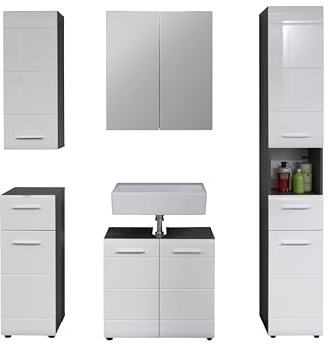 trendteam smart living - Line - Badkombination - Weiß Hochglanz/Grau - Waschbeckenunterschrank, Spiegelschrank, Hochschrank, Hängeschrank, Schrank - (BxHxT) 150 x 182 x 31 cm - chromglänzende Griffe | B 150 x H 182 x T 31 cm · Vollauszug · feuchtraumgeeignet · optional mit LED-Beleuchtung