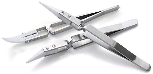 YAKAMOZ 3pcs Precision Reverse Ceramic Tweezers Non-Conductive, Heat Resistant, Anti-Magnetic Pointed & Curved Tips Tweezer Set for Pinching Coils While Firing