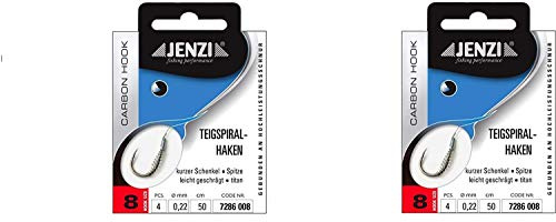 Set: 2 Packungen JENZI Teigspiralhaken Forellen-Haken, Teighaken gebunden (8 Stück) Hakengröße 2, 4, 6, 8 &10 + gratis Petri Heill! Aufkleber