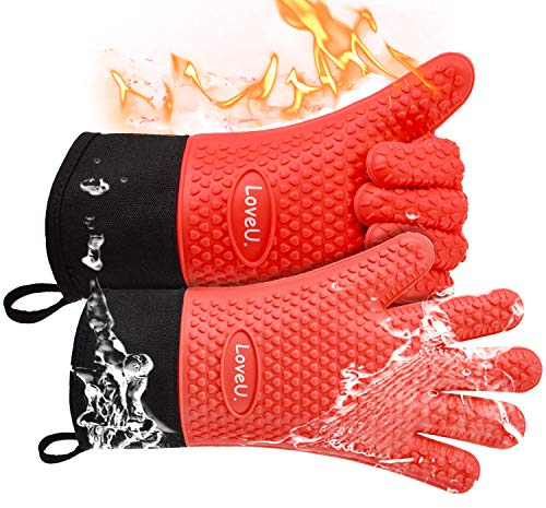 Oven Gloves Heat Resistant, Silicone & Cotton Double Layer BBQ Gloves Non-slip Kitchen Gloves Waterproof Flexible Oven Mitts - Perfect for Baking Barbecue Pizza, 1 pair