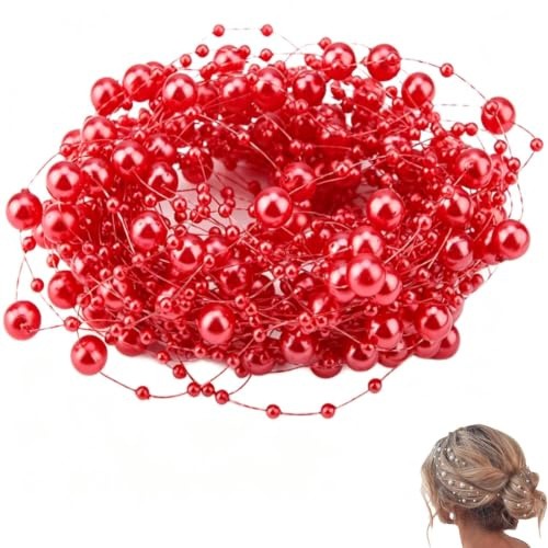 10M Perlengirlande Künstliche Perlen, Perlenband Perlenkette Deko, Perlenschnur Weihnachtskette Weihnachten Advent Garland-Blumen, Hochzeitsfeier Dekoration(rot)