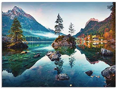 ARTland Wanddeko Wandbild Alu Verbundplatte für Innen & Outdoor Bild 60x45 cm Querformat Landschaft Alpen Berge See Natur Herbst Wald U1TM
