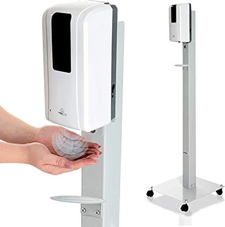 KRIEG Desinfektionssäule mit Sensor + Auffangschale I Grau I Kontaktlos Hygienestation 1000 ml - 333 Sprühstöße I Desinfektionsstation freistehend, stabil, höhenverstellbar, automatisch I Ready to go