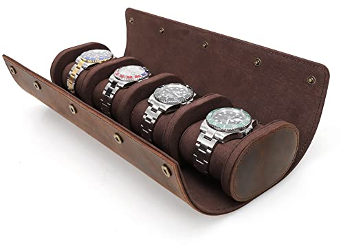 CONTACTS JewelryWatchse Aufbewahrungsbox aus echtem Leder und zylindrische Uhrenschutzhülle, weiche Tasche (Coffee2, für 4 Uhren) …