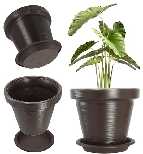 KADAX Pot de Fleurs en Plastique, 4 Couleurs, Pot de Plantes avec Soucoupe, Pot de Plantes, Pot de Plantes avec Motif incisé, Pot de Fleurs en Plastique, Pot de Fleurs Rond (∅ 55 cm, Marron foncé)